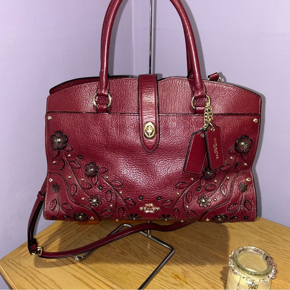 Coach Mercer Willow Burgundy Floral Satchel Large Leather Tea Rose - Picture 1 of 15
